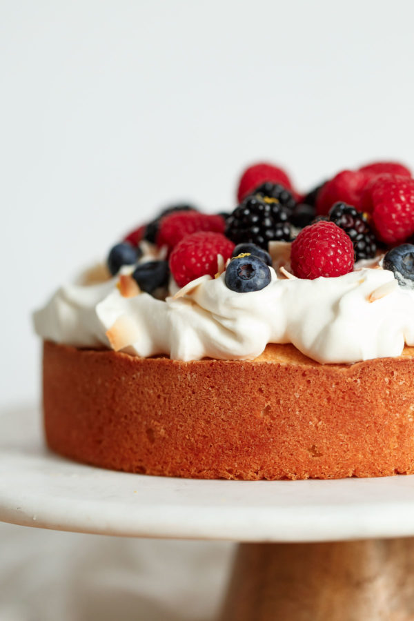 Lemon Coconut Cake with Whipped Cream and Berries