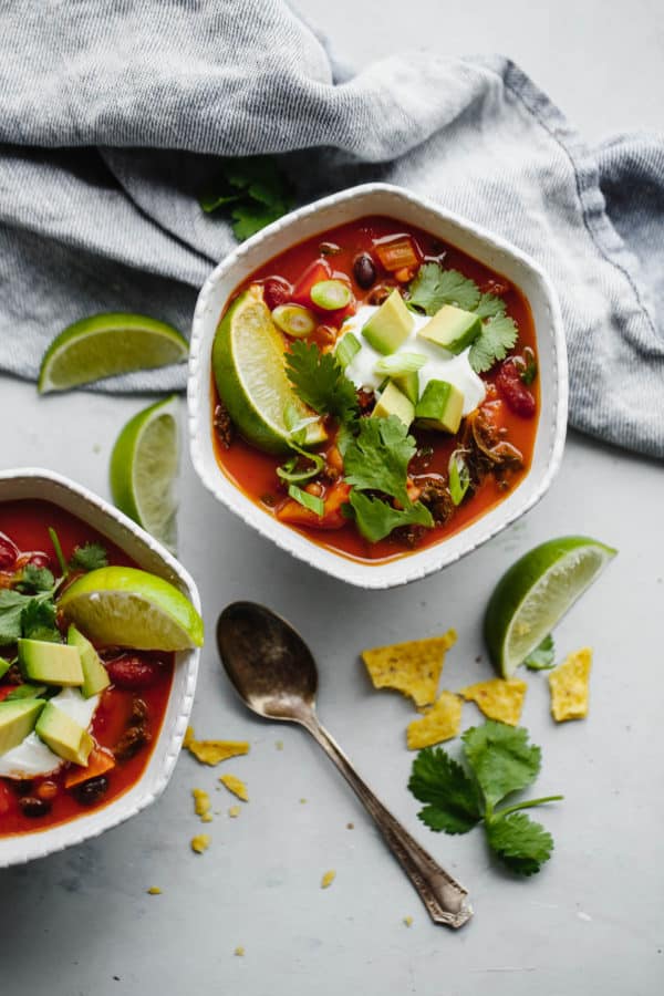 Bowls of Vegetarian Chili with Toppings