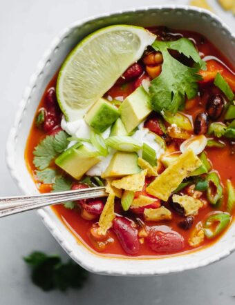 Bowl of Vegetarian Chili with Toppings