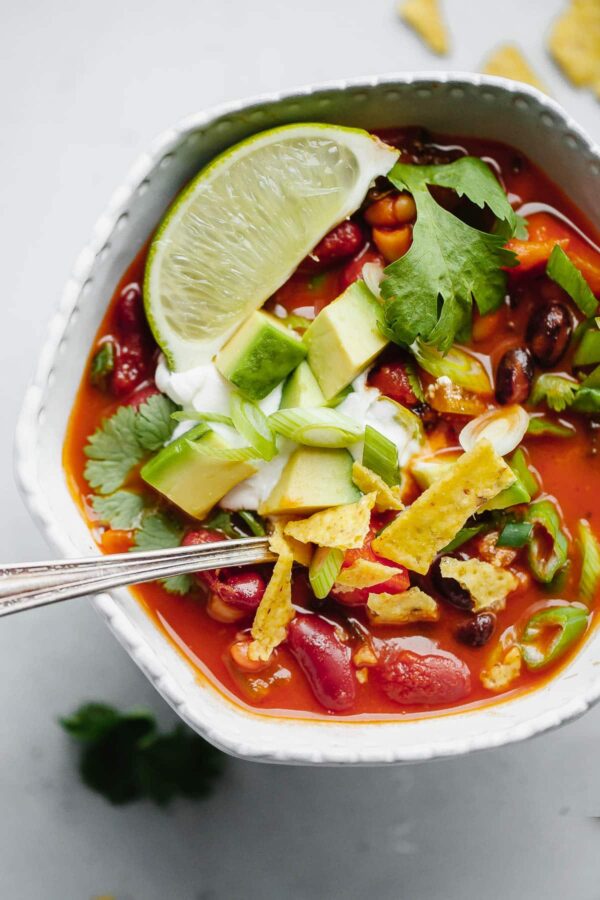 Bowl of Vegetarian Chili with Toppings