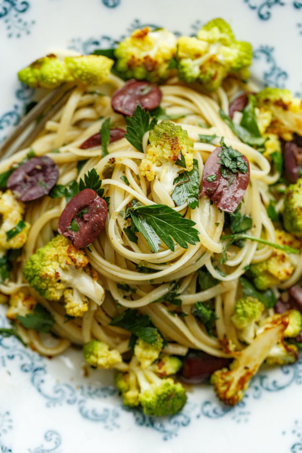 Romanesco Cauliflower Pasta with Olives, Capers, and Parsley