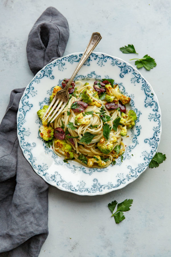 Romanesco Cauliflower Pasta with Olives, Capers, and Parsley 