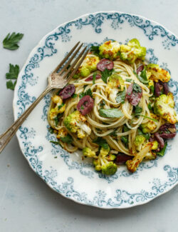 Romanesco Cauliflower Pasta with Olives, Capers, and Parsley