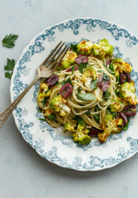 Romanesco Cauliflower Pasta with Olives, Capers, and Parsley