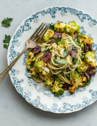 Romanesco Cauliflower Pasta with Olives, Capers, and Parsley