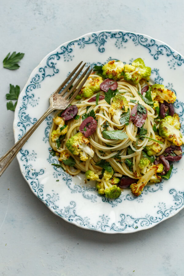 Romanesco Cauliflower Pasta with Olives, Capers, and Parsley 