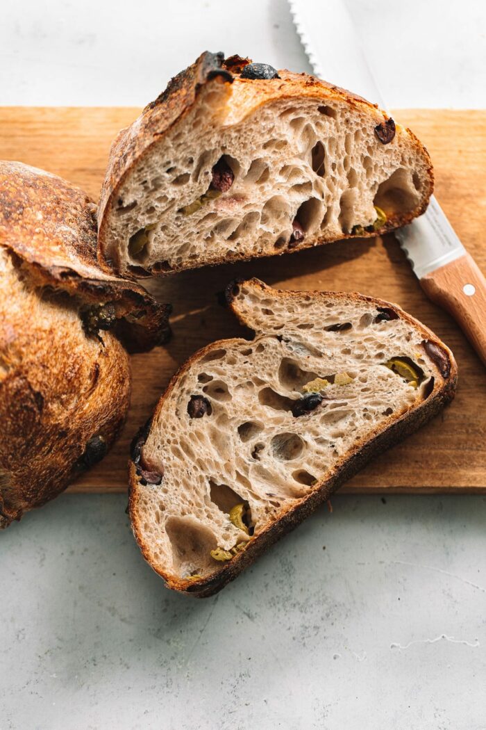 olive sourdough bread sliced