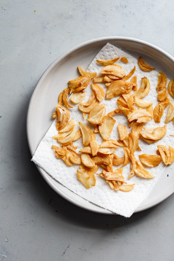 Garlic Chips on Paper Towel Lined Plate 