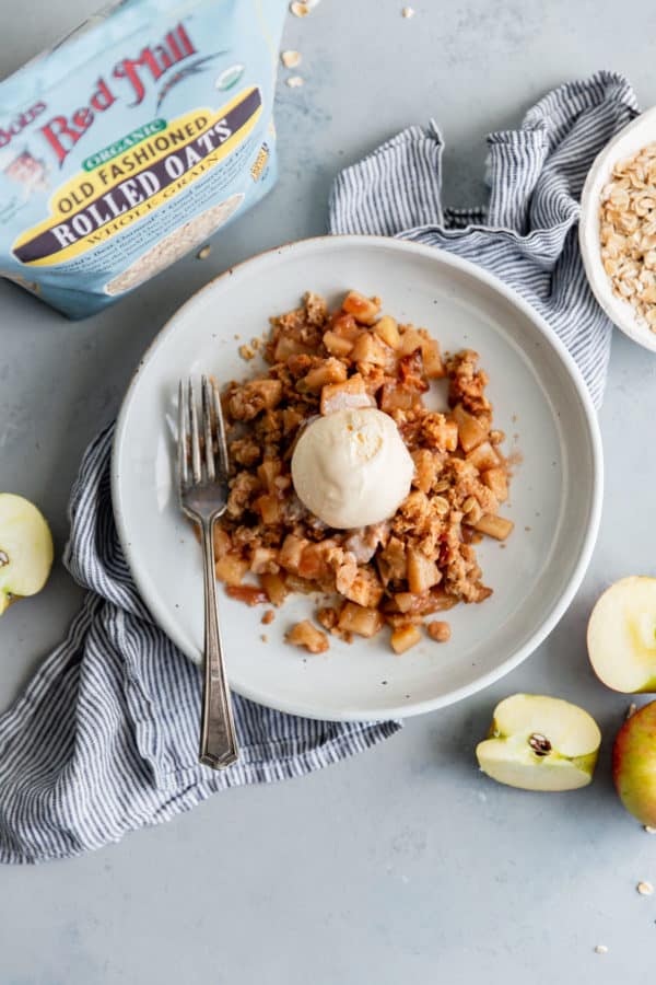 Apple Hazelnut Crisp on Plate with Vanilla Ice Cream