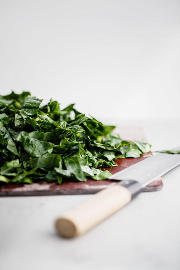 Chopped Collard Greens on Cutting Board 