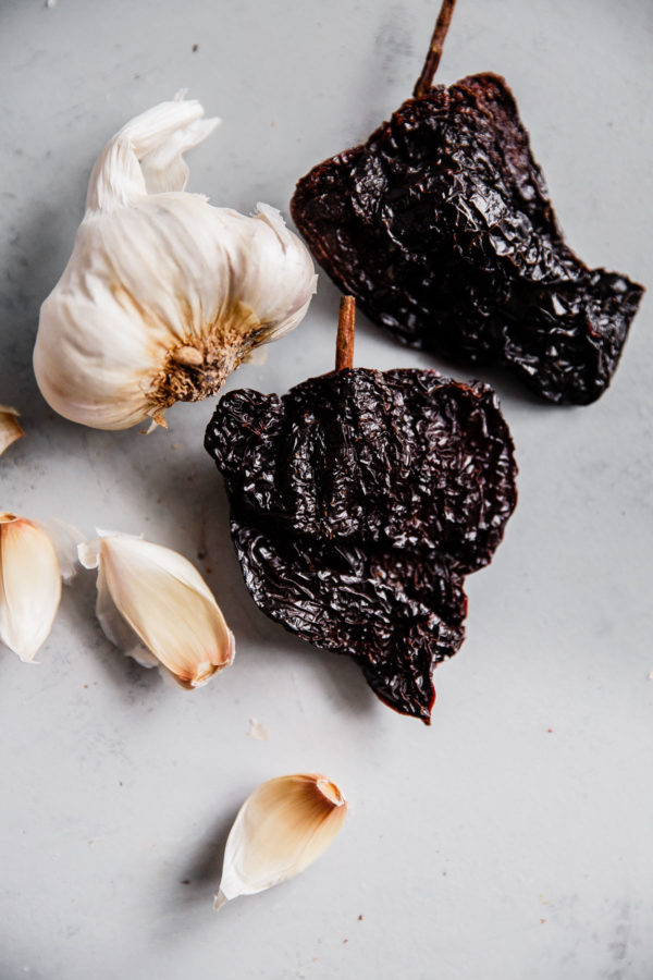 Dried Ancho Chiles and Raw Garlic 