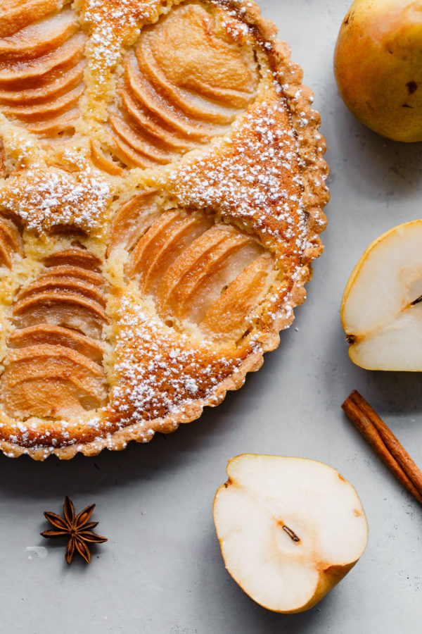 Pear Frangipane Tart with Slice Cut Out