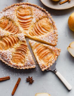 Pear Frangipane Tart with Slice Cut Out