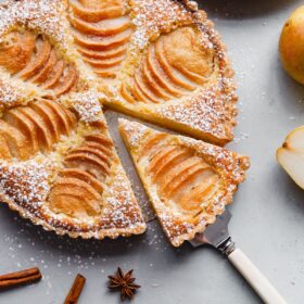 Pear Frangipane Tart with Slice Cut Out