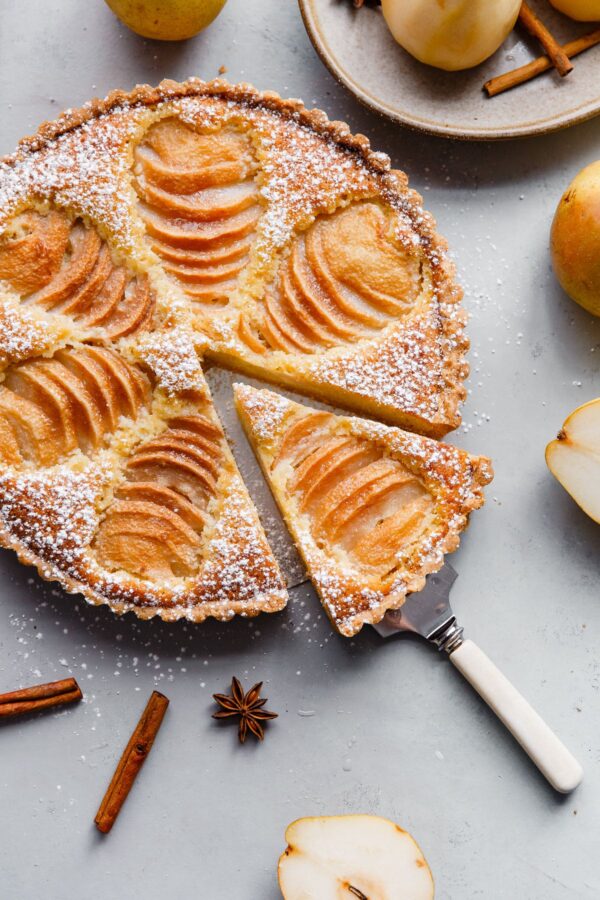 Pear Frangipane Tart Recipe with Slice Cut Out 