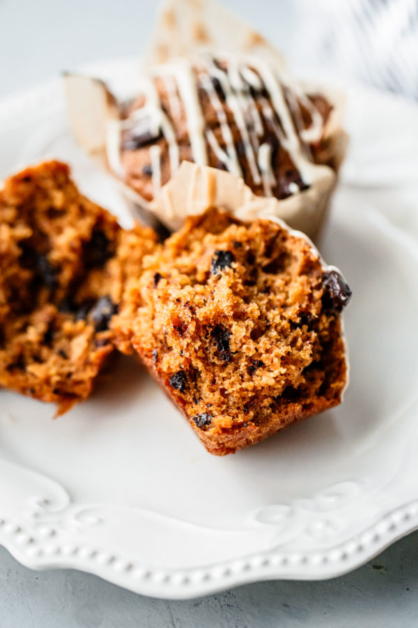 Pumpkin Chocolate Chip Muffin Cut in Half