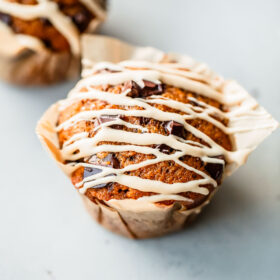 Pumpkin Chocolate Chip Muffins with Coffee Glaze Drizzle