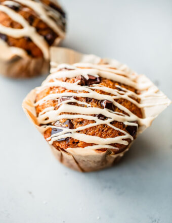 Pumpkin Chocolate Chip Muffins with Coffee Glaze Drizzle