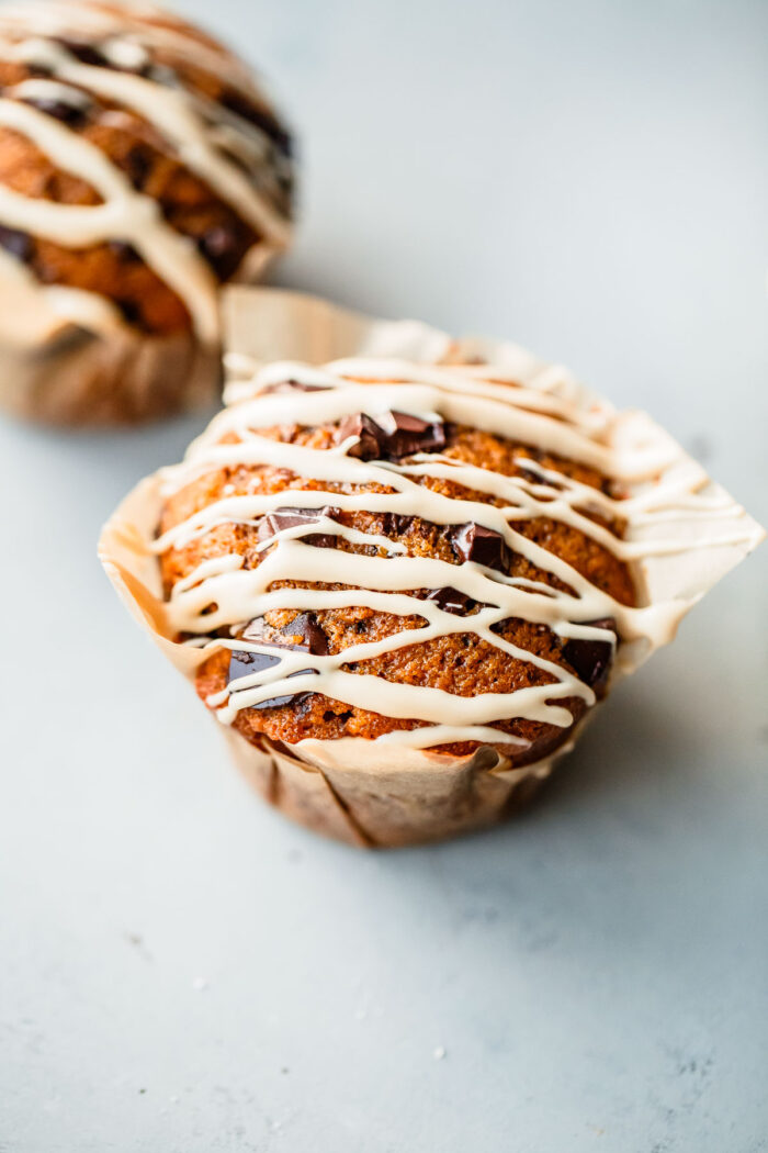Pumpkin Chocolate Chip Muffins with Coffee Glaze Drizzle