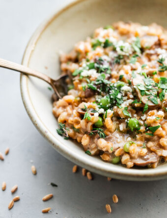 Farro Risotto with Mushrooms and Peas