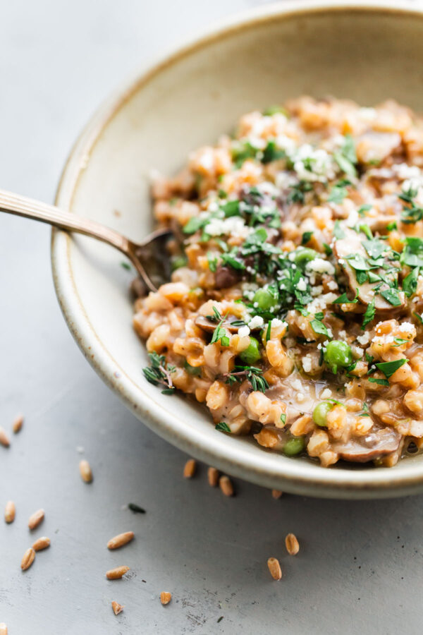 Farro Risotto with Mushrooms and Peas