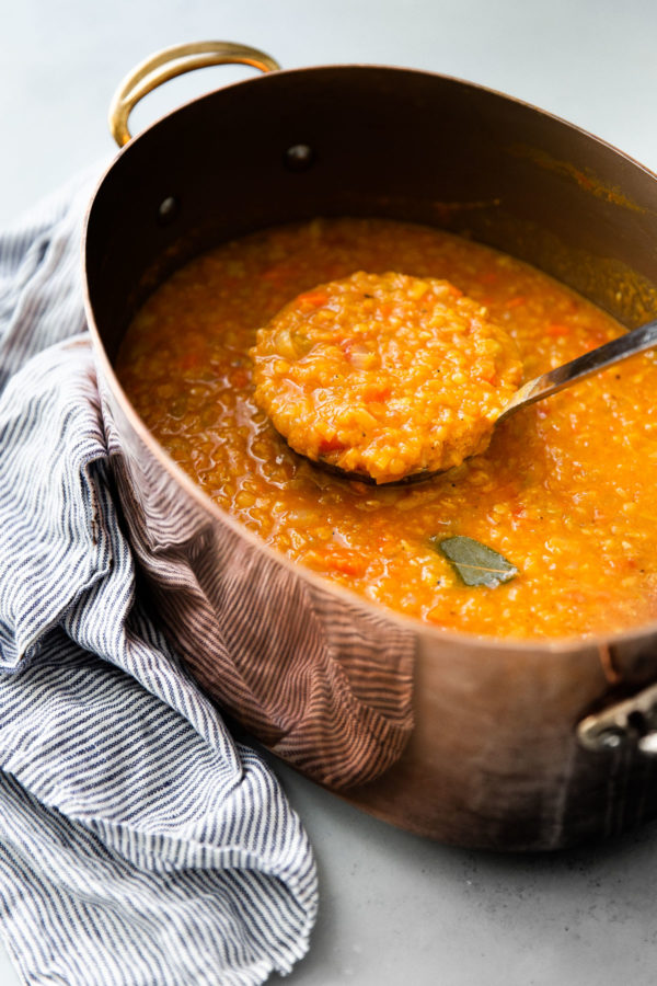 Red Lentil Soup in Copper Pot