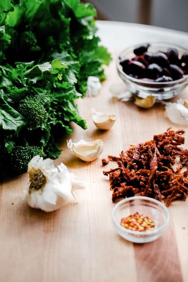 Broccoli Rabe Pasta Ingredients on Cutting Board