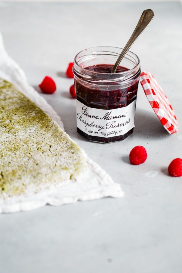 Matcha Roll Cake with Bonne Maman Raspberry Preserves 