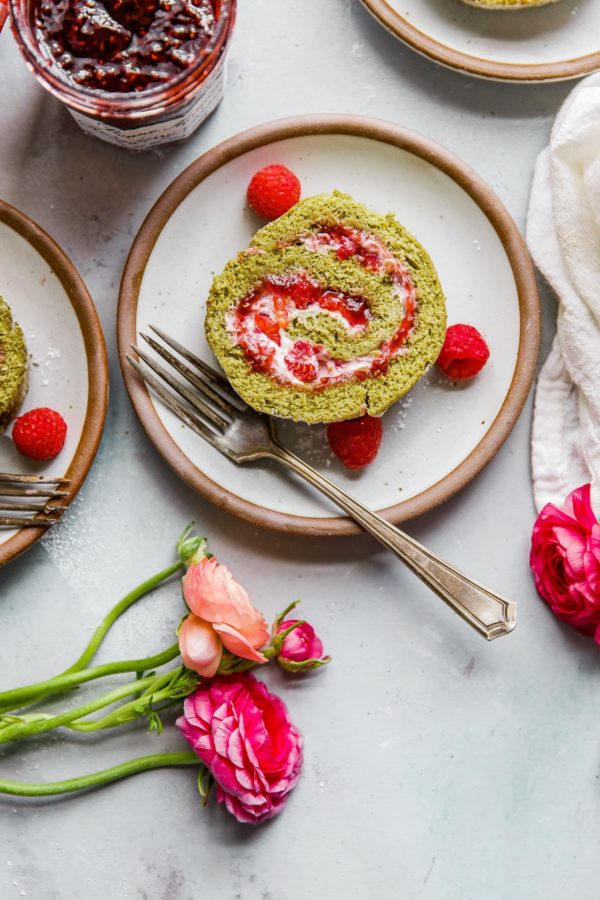 Raspberry Matcha Cake with Raspberry Cream and Raspberry Preserves