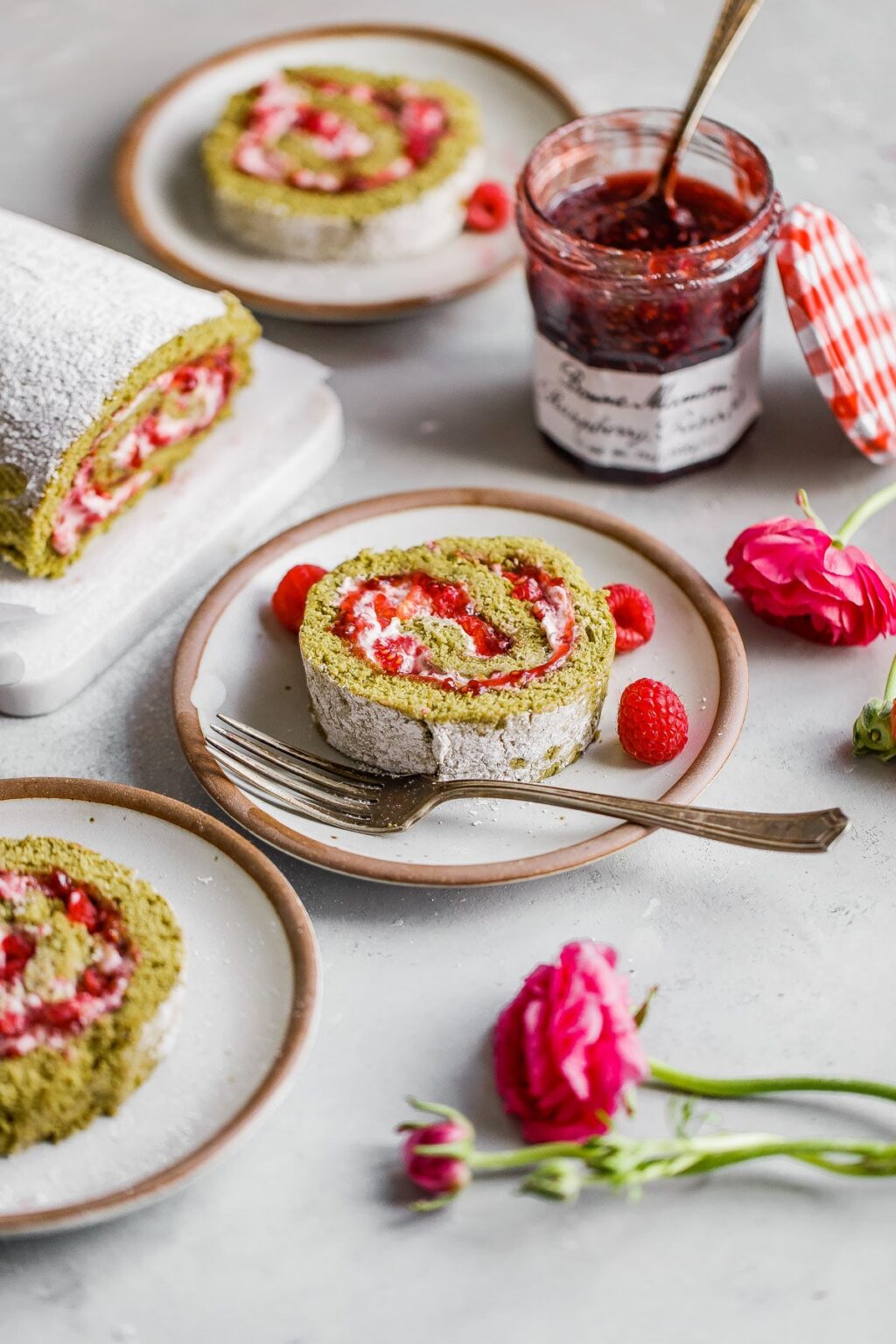 Raspberry Matcha Roll Cake (Matcha Roll Cake Recipe) A Beautiful Plate