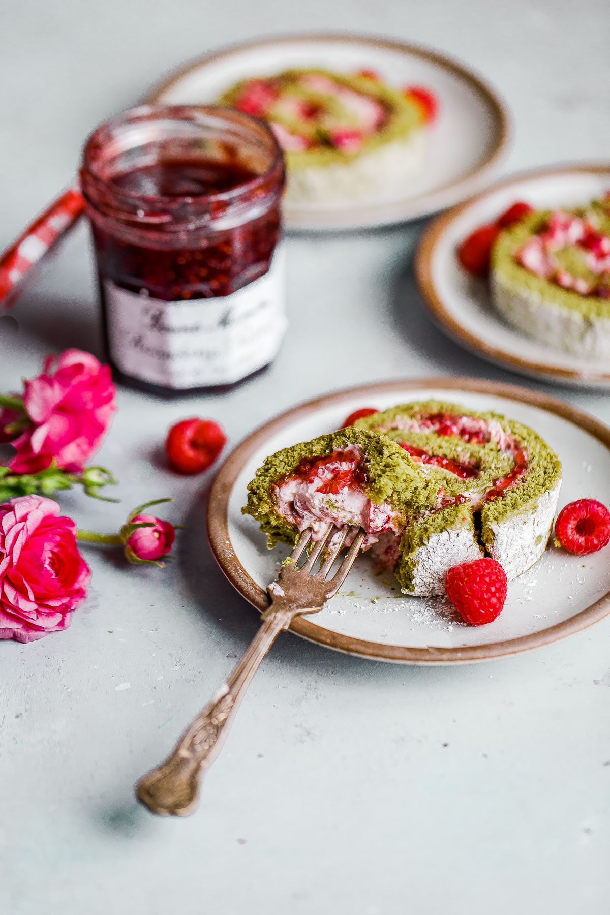 Raspberry Matcha Roll Cake (Matcha Roll Cake Recipe) A Beautiful Plate