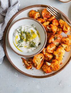 Baked Buffalo Cauliflower with Yogurt Dipping Sauce