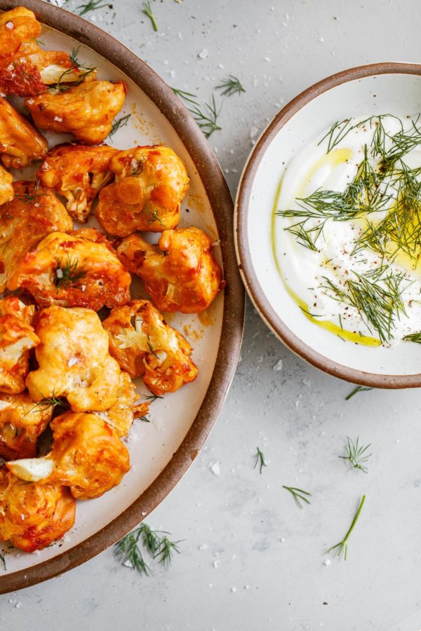 Buffalo Cauliflower on Plate with Dipping Sauce