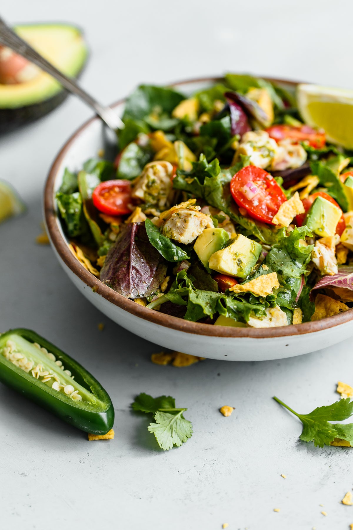 Guacamole Greens Salad with Cilantro Lime Jalapeño Vinaigrette A