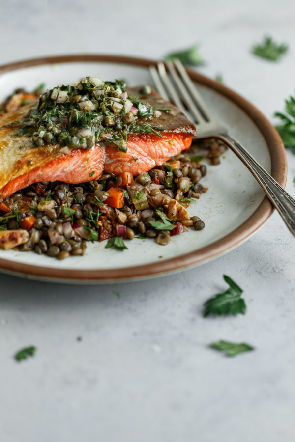 Pan Seared Salmon with Caper Herb Vinaigrette and French Lentil Salad