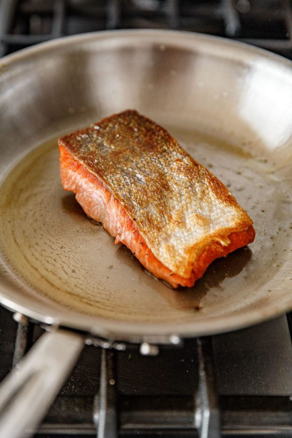 Pan Seared Salmon in a Stainless Steel All Clad Skillet