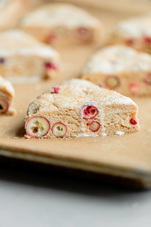 Unbaked Cranberry Orange Scones on Baking Sheet