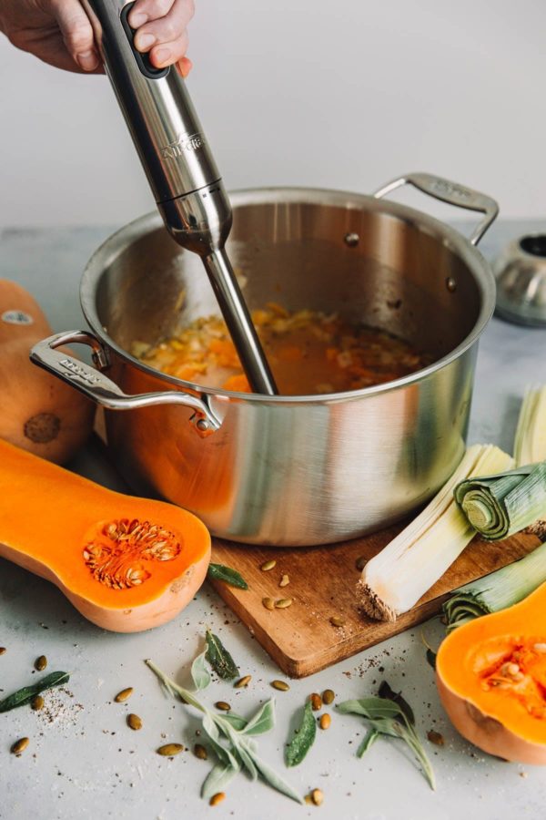 Blending Roasted Butternut Squash Soup with Immersion Blender