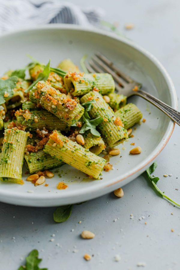 Pasta with Arugula Pesto topped with Garlicky Breadcrumbs