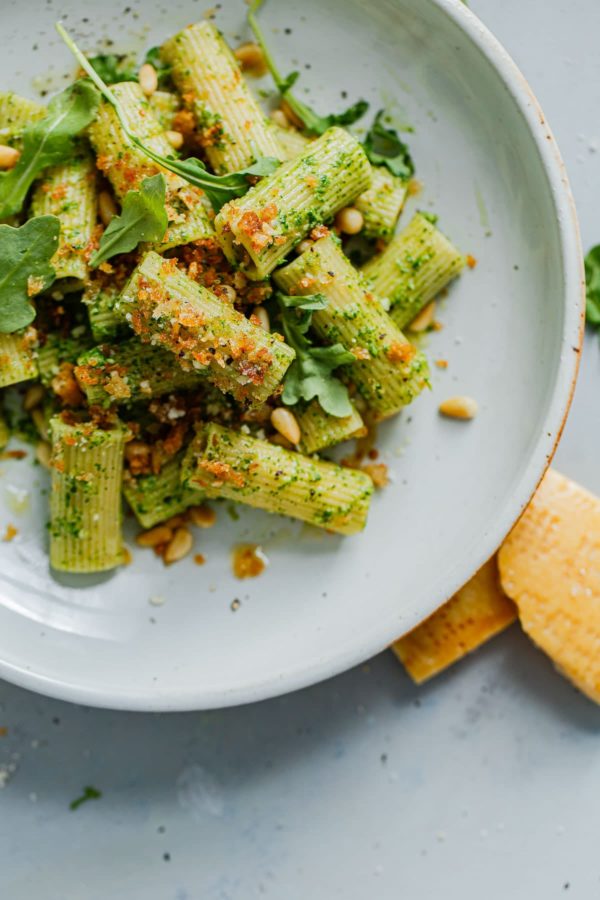 Arugula Pesto Pasta on Plate 