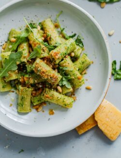 Arugula Pesto Pasta with Garlicky Breadcrumbs