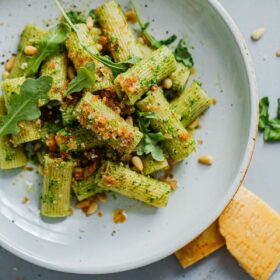 Arugula Pesto Pasta with Garlicky Breadcrumbs