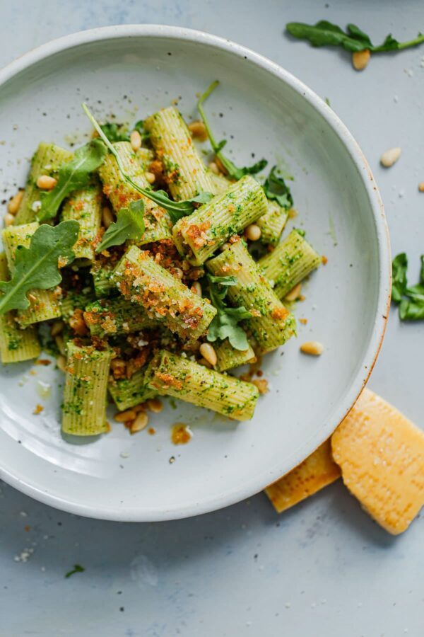 Arugula Pesto Pasta with Garlicky Breadcrumbs on Plate 