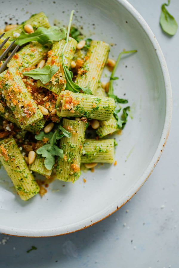 Arugula Pesto Pasta with Garlicky Breadcrumbs