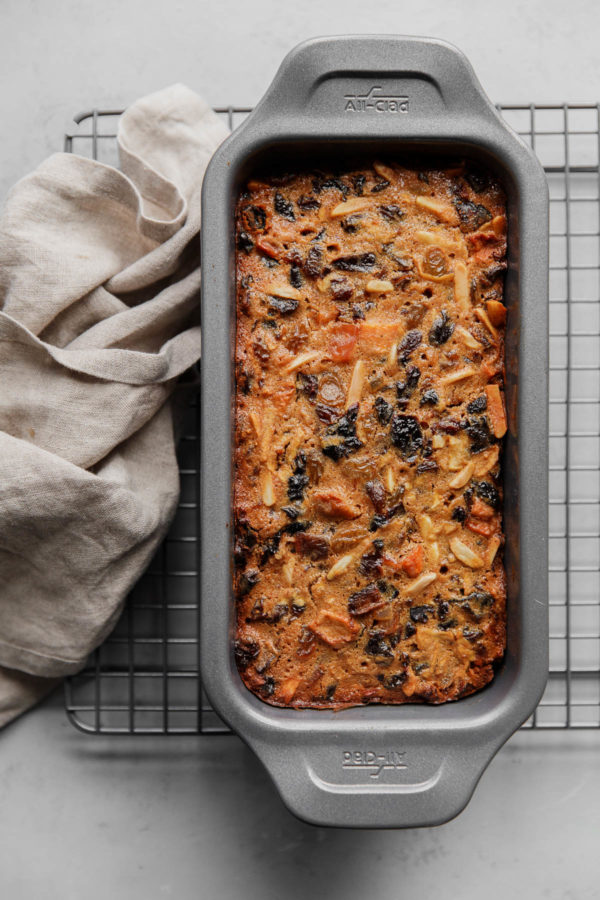 Christmas Fruit Cake in Loaf Pan on Baking Rack