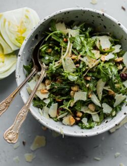 Shaved Fennel Arugula Salad with Hazelnuts, Parmesan, and Sherry Vinaigrette