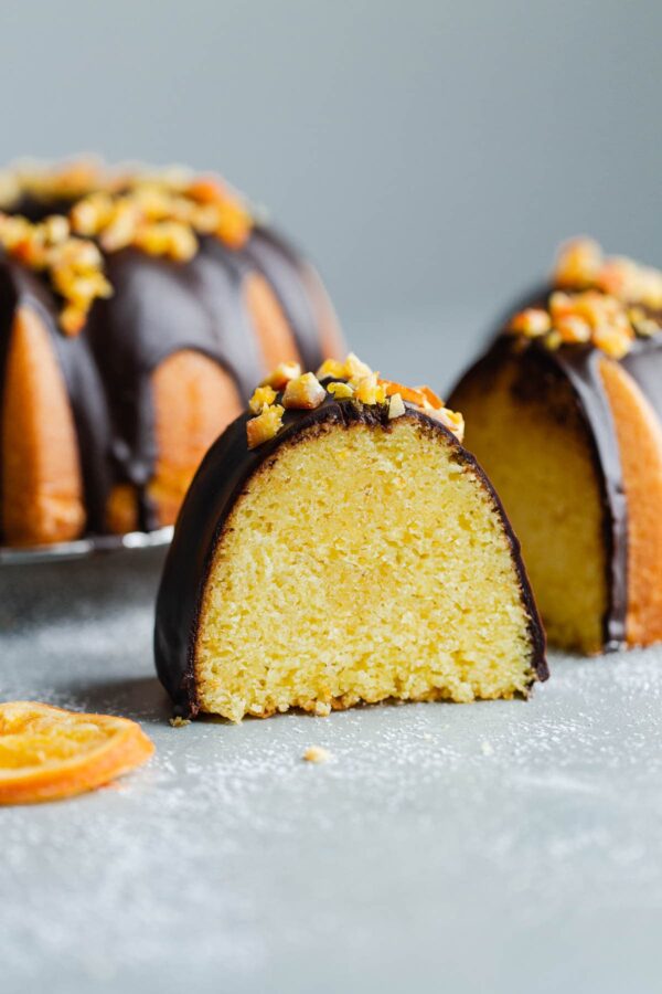 Slices of Orange Bundt Cake with Chocolate Glaze