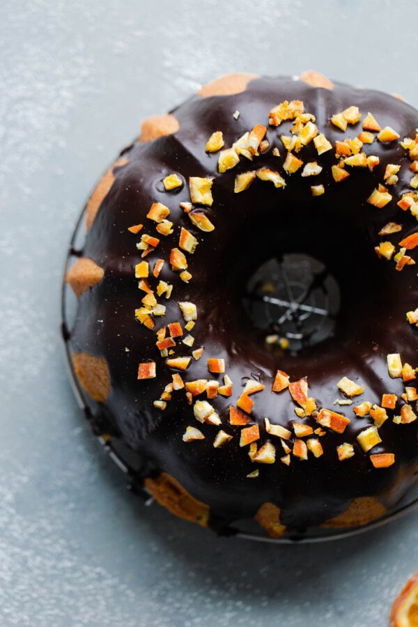 Chocolate Glaze Bundt Cake with Candied Orange