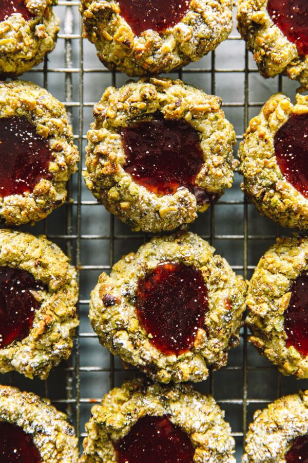 Pistachio Thumbprint Cookies on Baking Rack