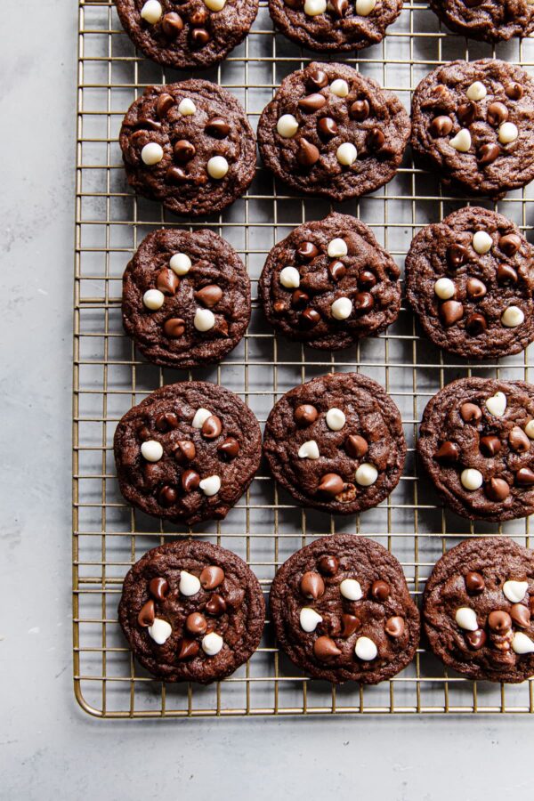 Triple Chocolate Cookies on Baking Rack 